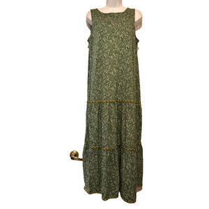 J jill sz m praire hippie boho cotton blend maxi green floral dress #3267